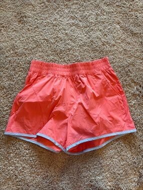 Coral Athletic Running Shorts with Pale Blue Trim